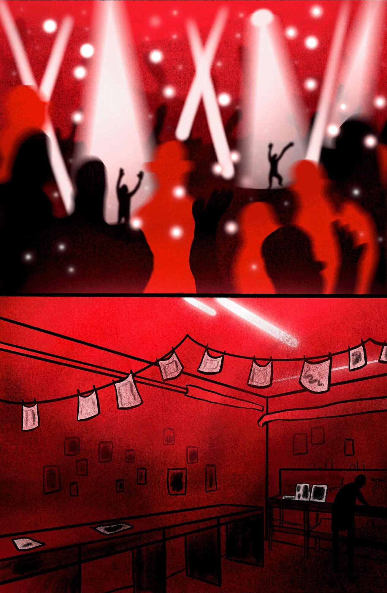 Tegning af rødt rum med projektører, hvor folk danser og et mørkekammer. Illustration til Operaen i Midtens forestilling "Dark Room"